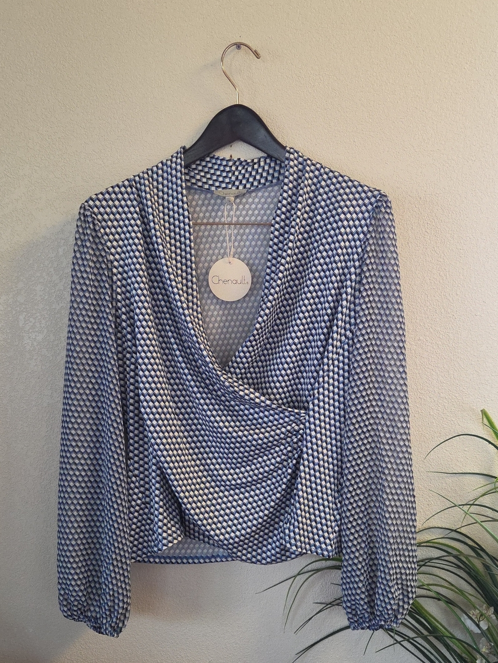 Chenault Blue and White Geometric Wrap Top Size XL